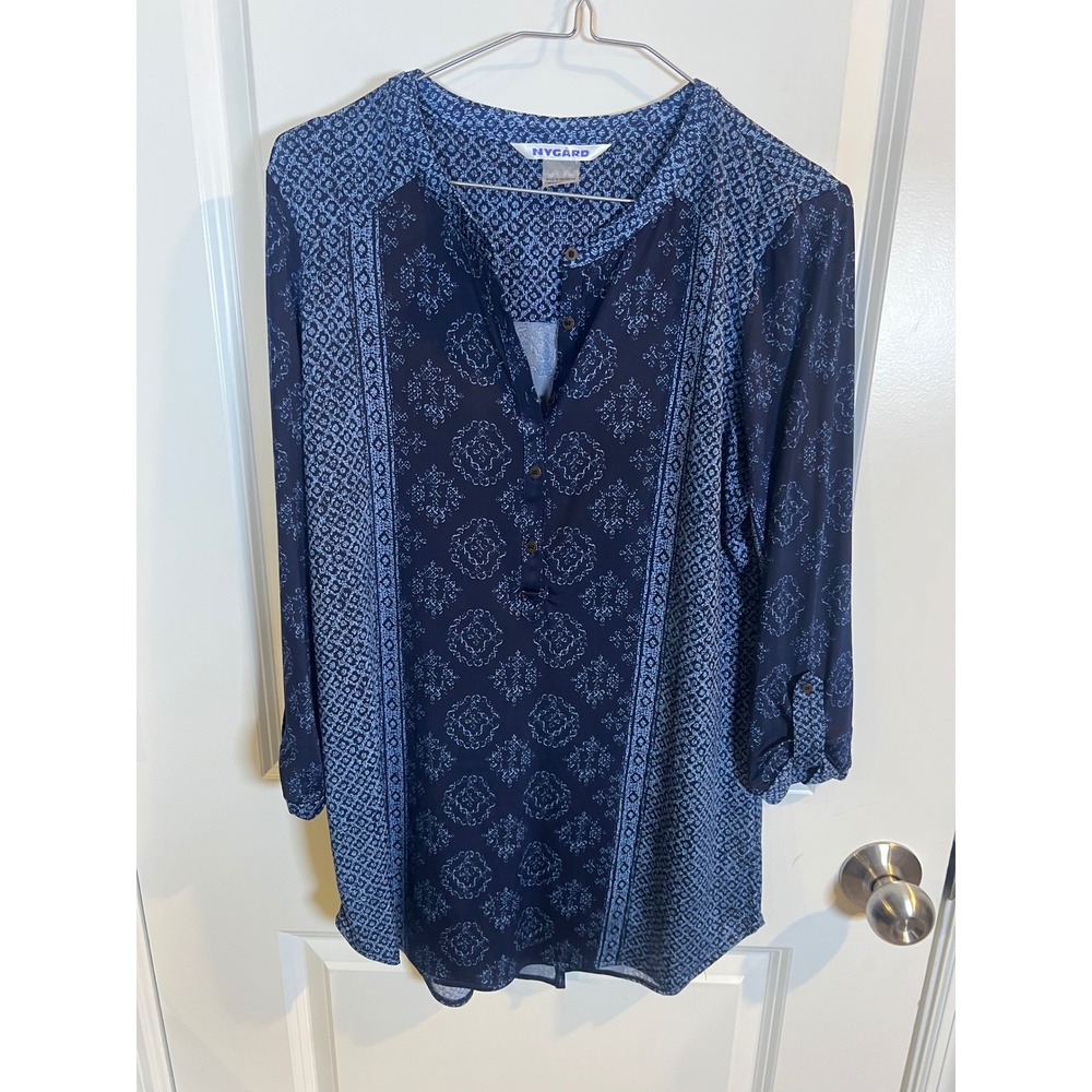 Nygard Womens Blouse Geometric Medallion Border Print Blue S